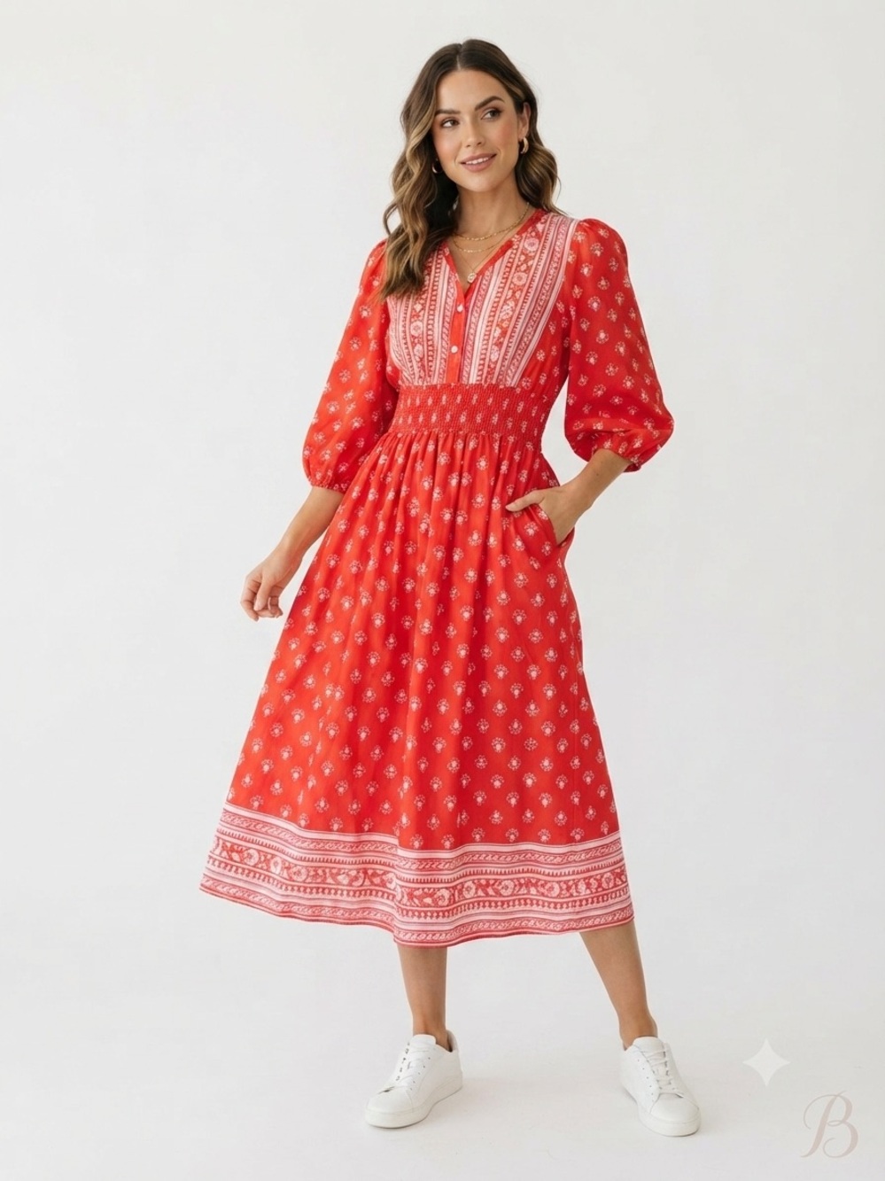 Polagram Red Printed Midi Dress with V‑Neck and Smocked Waist. Size XS